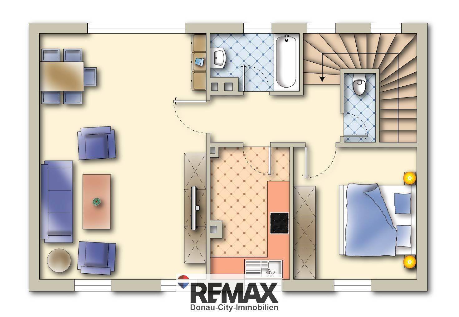 Grundriss des Obergeschosses mit Schlafzimmer, Bad und Treppenaufgang.