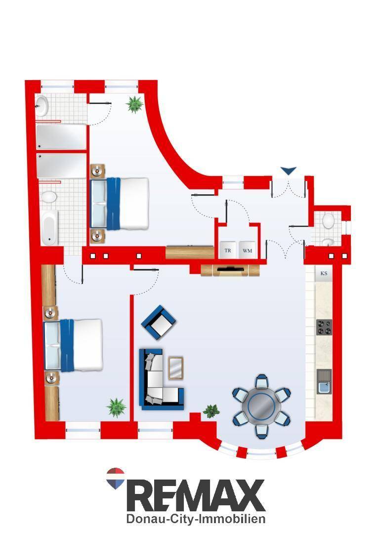 Grundriss einer Wohnung mit zwei Schlafzimmern, offenem Wohnbereich und zwei Bädern.