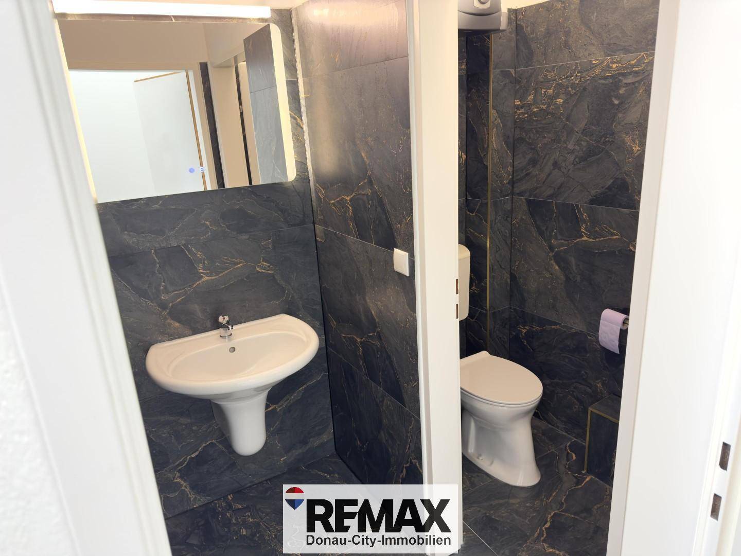 Modernes Badezimmer mit dunklen Marmorfliesen, Waschbecken und Toilette.