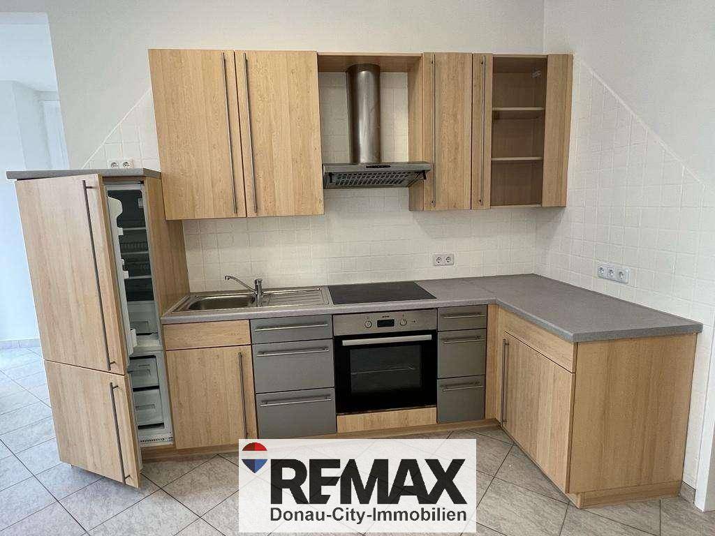 Detailansicht der Einbauküche mit Holzfronten, integriertem Kühlschrank und Dunstabzugshaube.