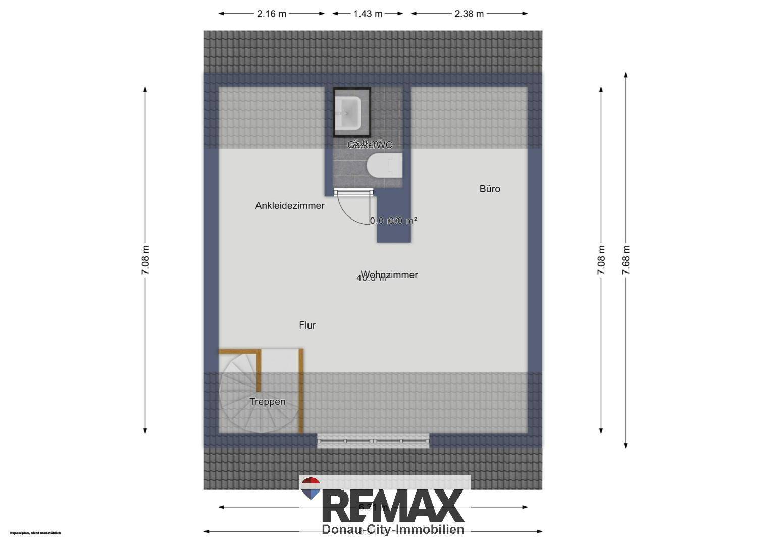 Grundriss des Dachgeschosses mit Büro, Ankleidezimmer, Bad und Dachschräge.