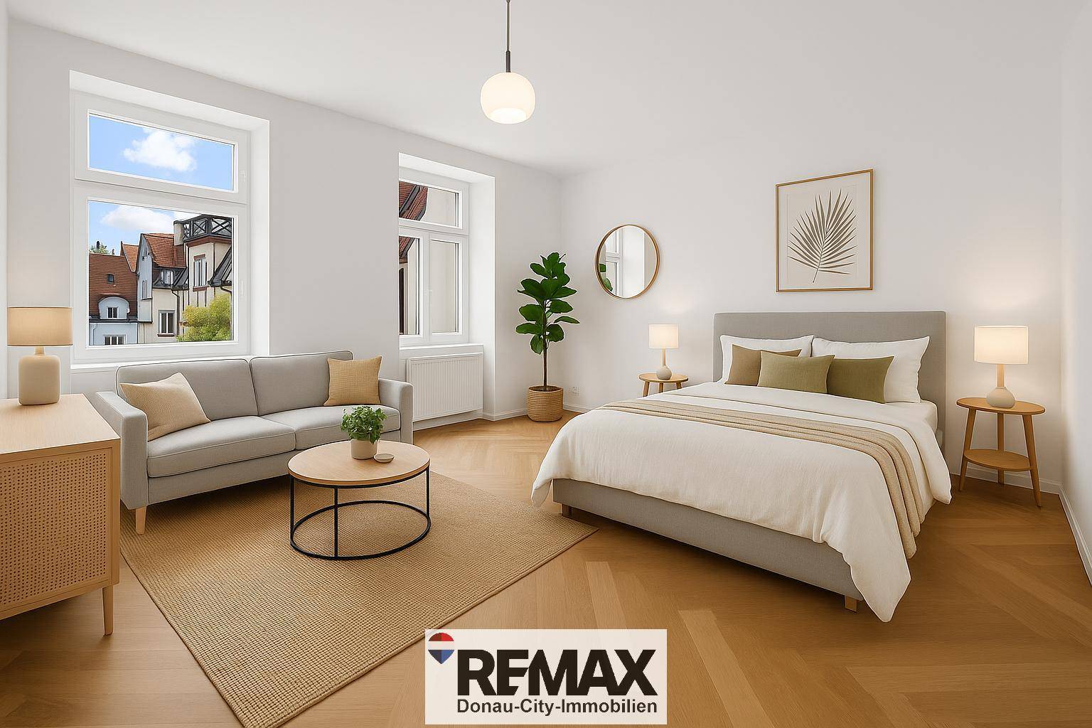 Helles Schlafzimmer mit Doppelbett, Sofa, Fischgrätparkettboden und großen Fenstern.