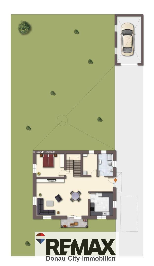 Detaillierter Grundriss des Erdgeschosses mit Garten, Garage und Stellplatz.