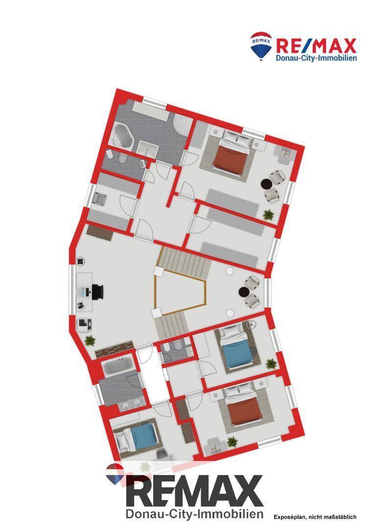 Grundriss des Obergeschosses mit mehreren Schlafzimmern und Bädern.