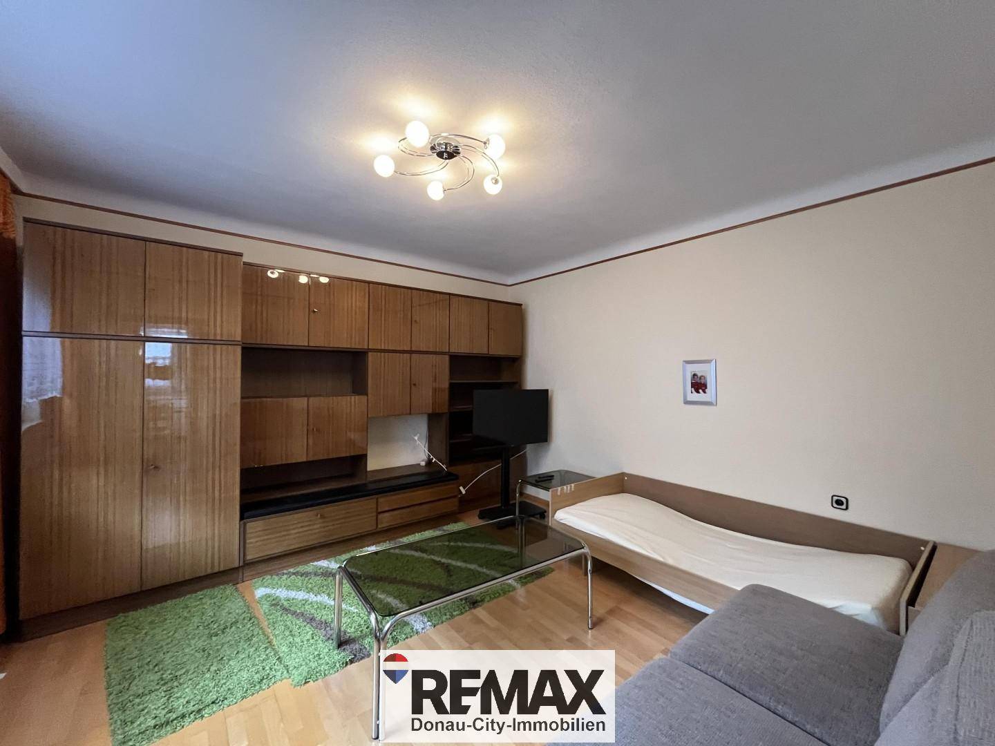 Gemütlicher Wohnraum mit Holzmöbeln, Einzelbett und Fernseher, ideal als Gästezimmer.