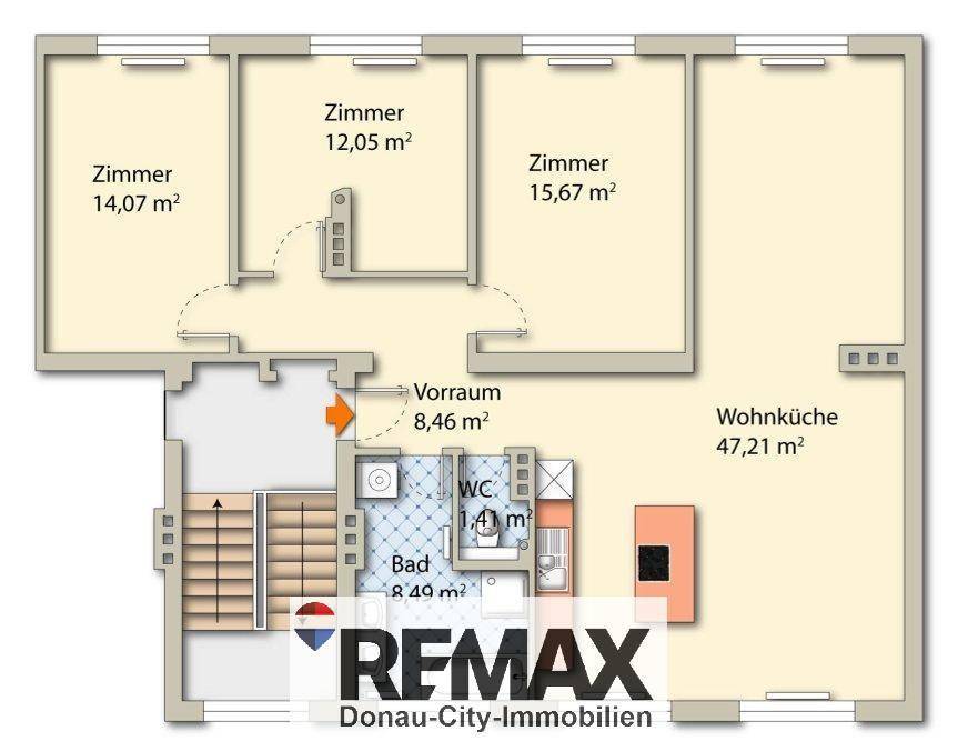 Wohnungs-Grundriss mit drei Zimmern, offener Wohnküche, Badezimmer und separatem Gäste-WC.