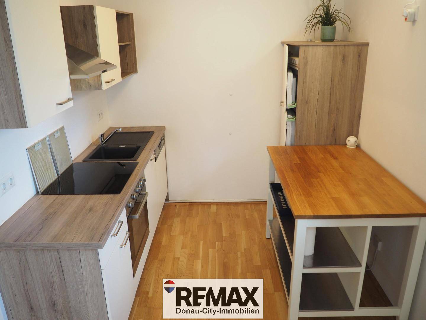 Kompakte Küchenzeile mit Holz-Arbeitsplatte und modernen Schränken, ideal für kleine Räume.