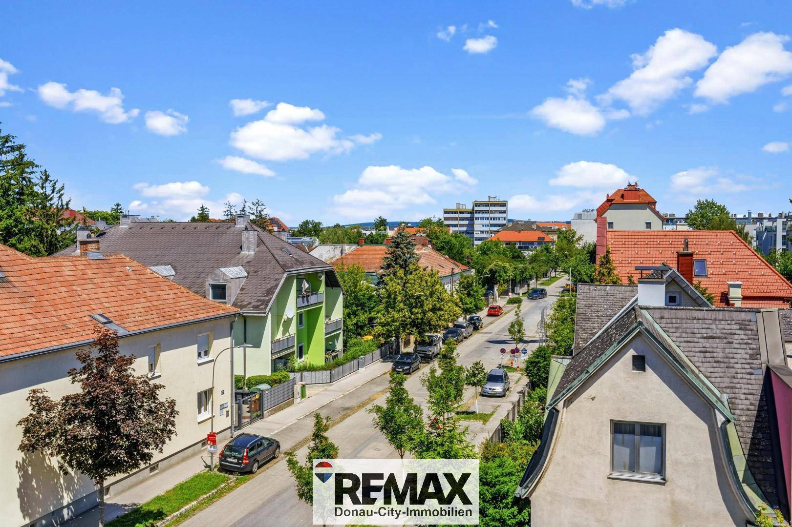Panoramablick über eine ruhige Wohnstraße mit Einfamilienhäusern und viel Grün.