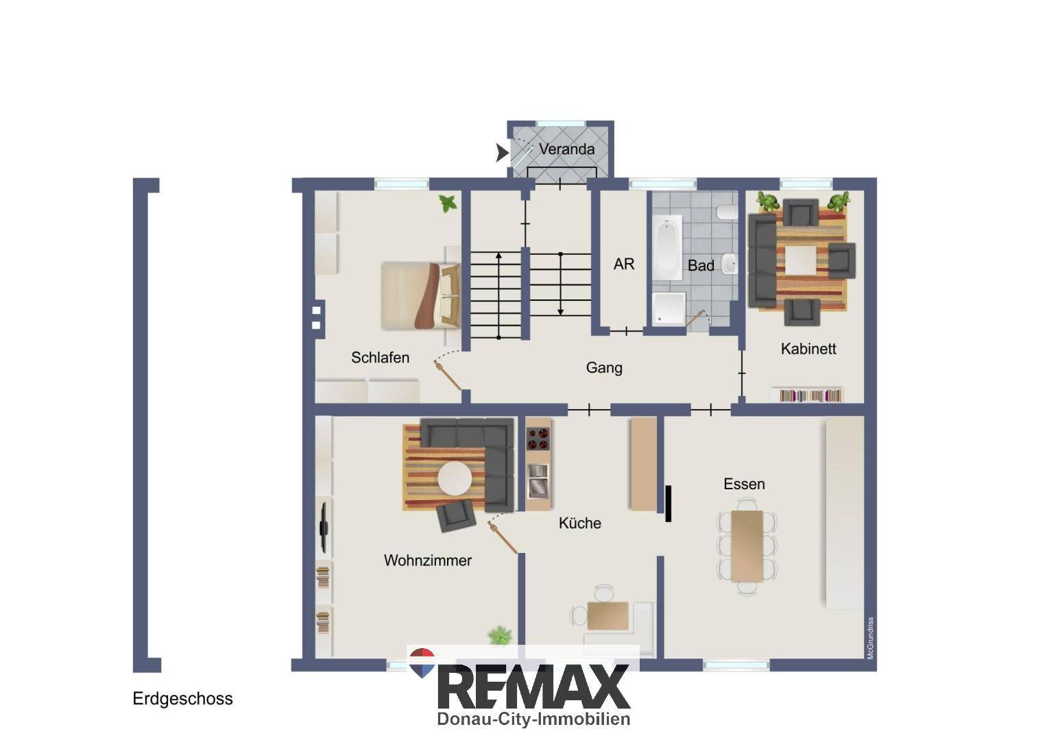 Grundriss des Erdgeschosses mit Wohnzimmer, Küche, Esszimmer und Veranda.