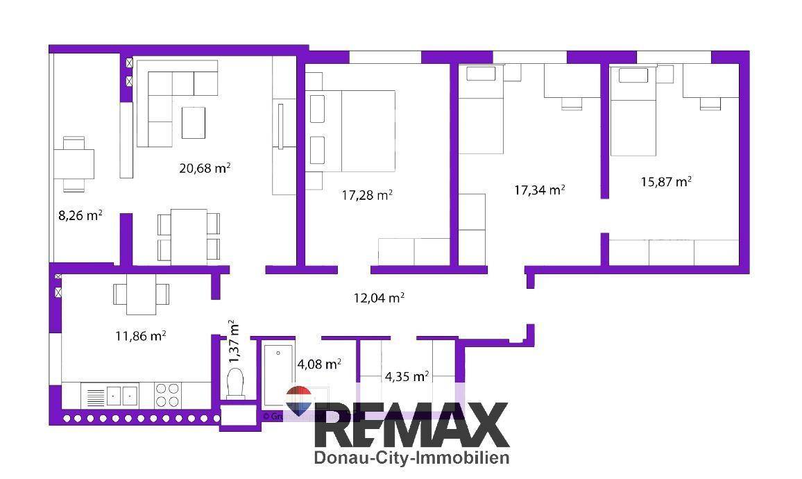 Übersichtlicher Grundriss der Wohnung mit Raumaufteilung und Flächenangaben.