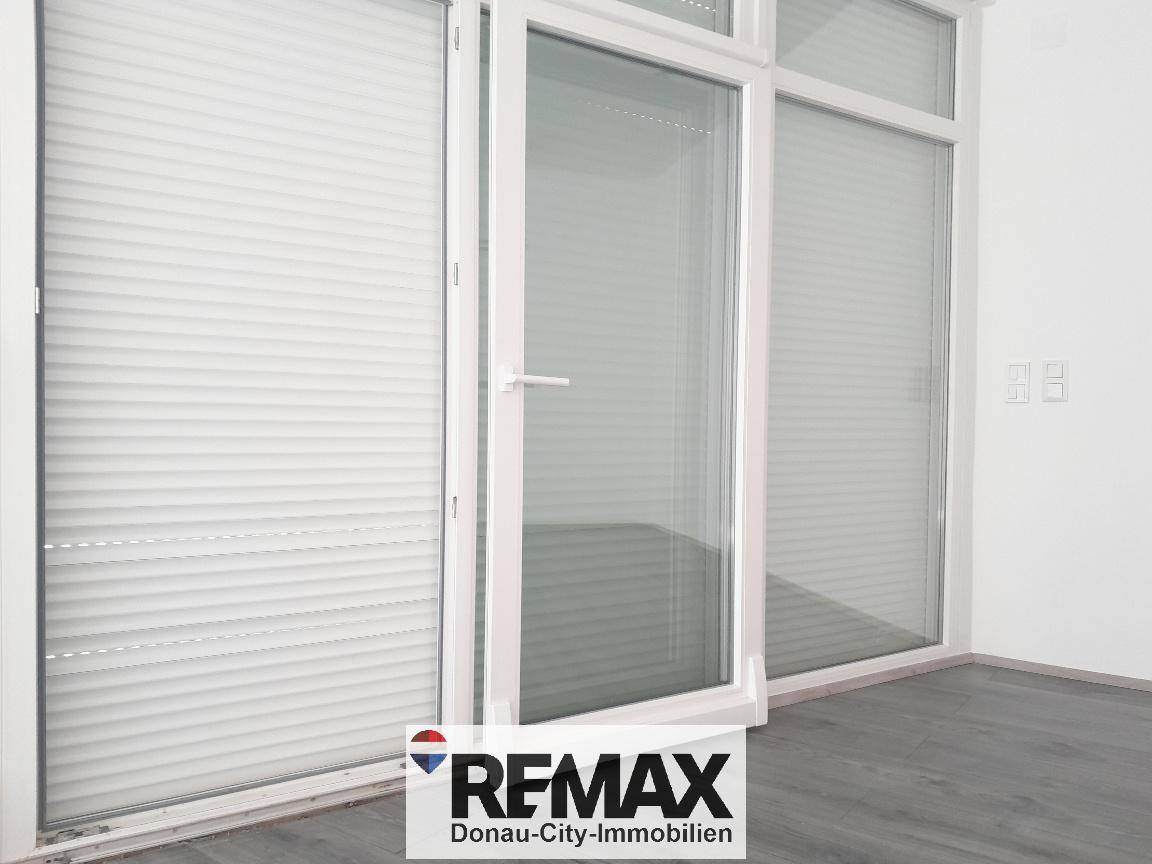 Große Fensterfront mit Zugang nach draußen und integrierten Plissees in einem leeren Raum.