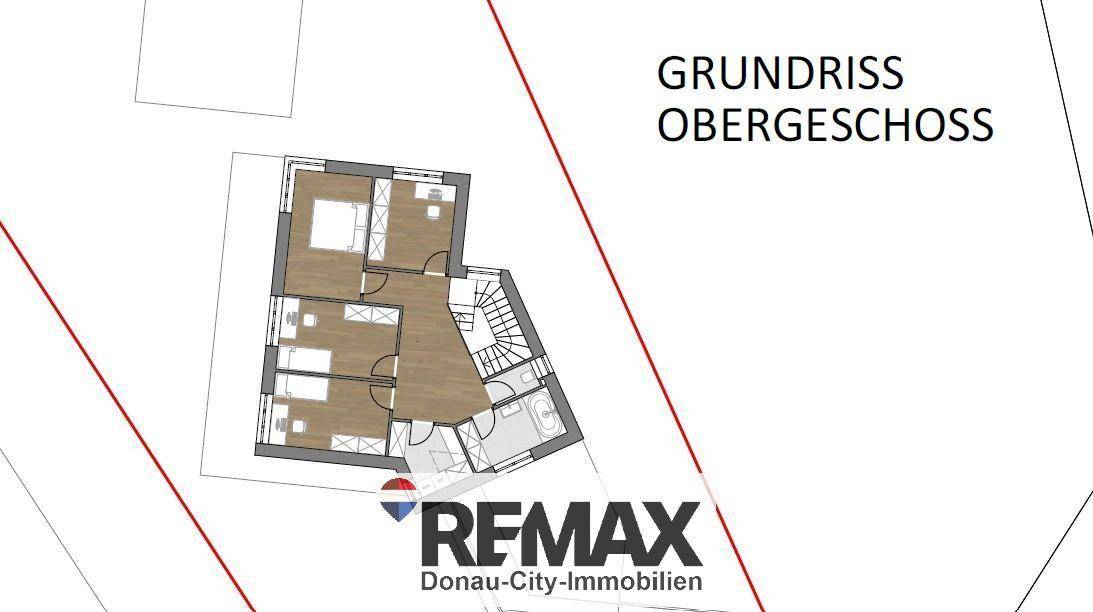 Grundriss des Obergeschosses mit mehreren Schlafzimmern und einem Badezimmer.