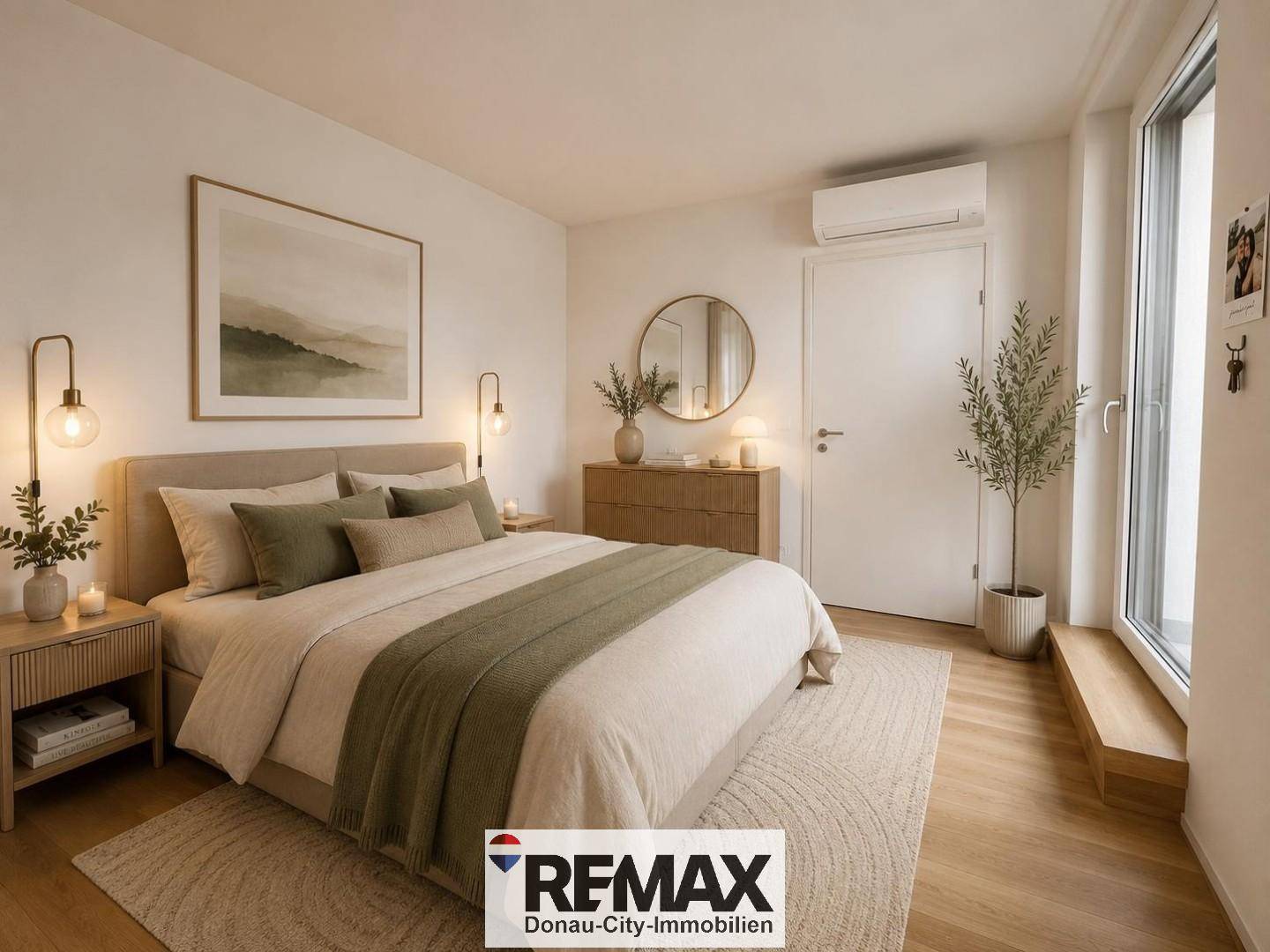 Helles Schlafzimmer mit modernem Bett, Nachttischen, Kommode und Zugang zu einem Balkon oder einer Terrasse.