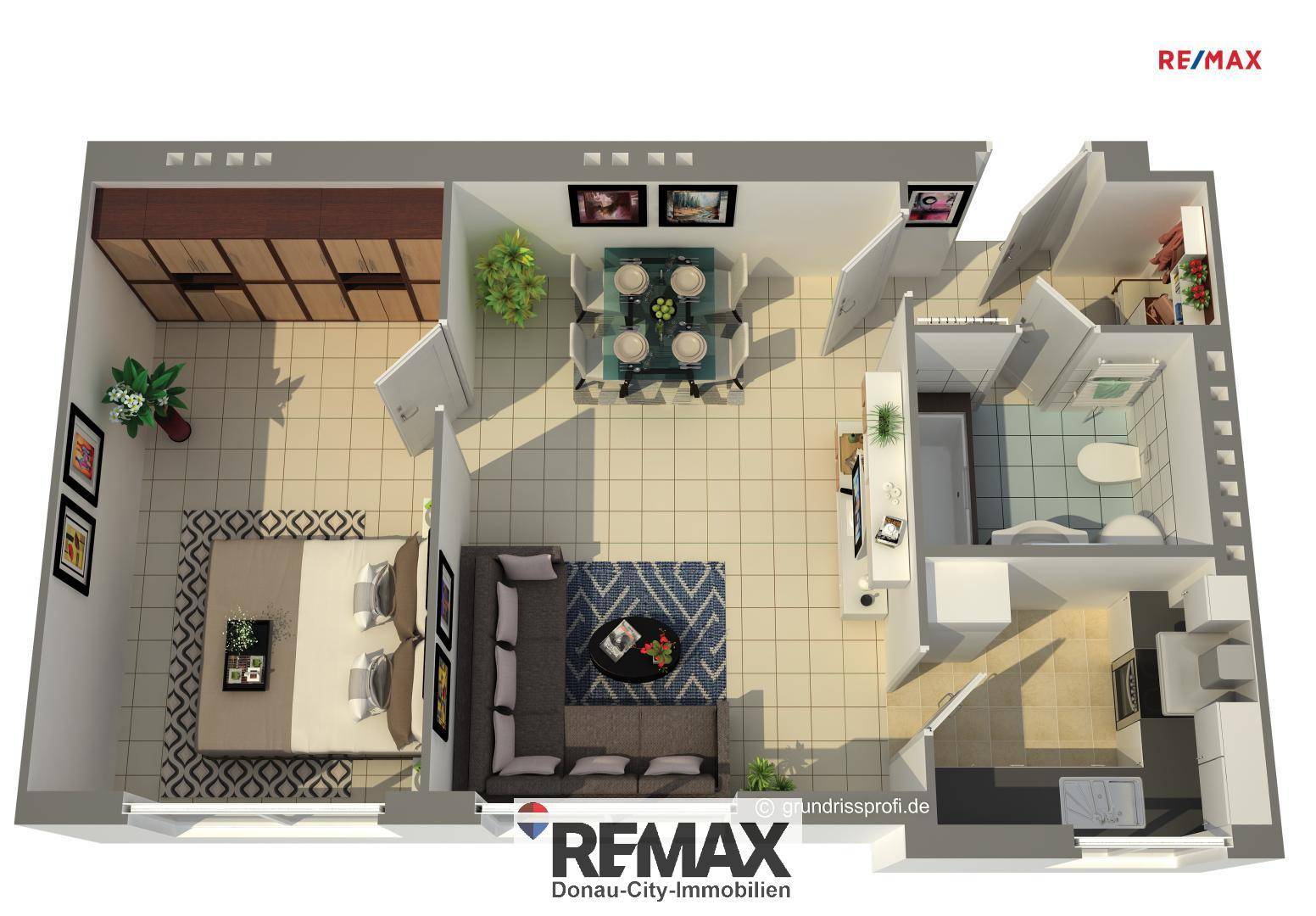 3D-Grundriss einer Wohnung mit Schlafzimmer, Wohnbereich und Küche.