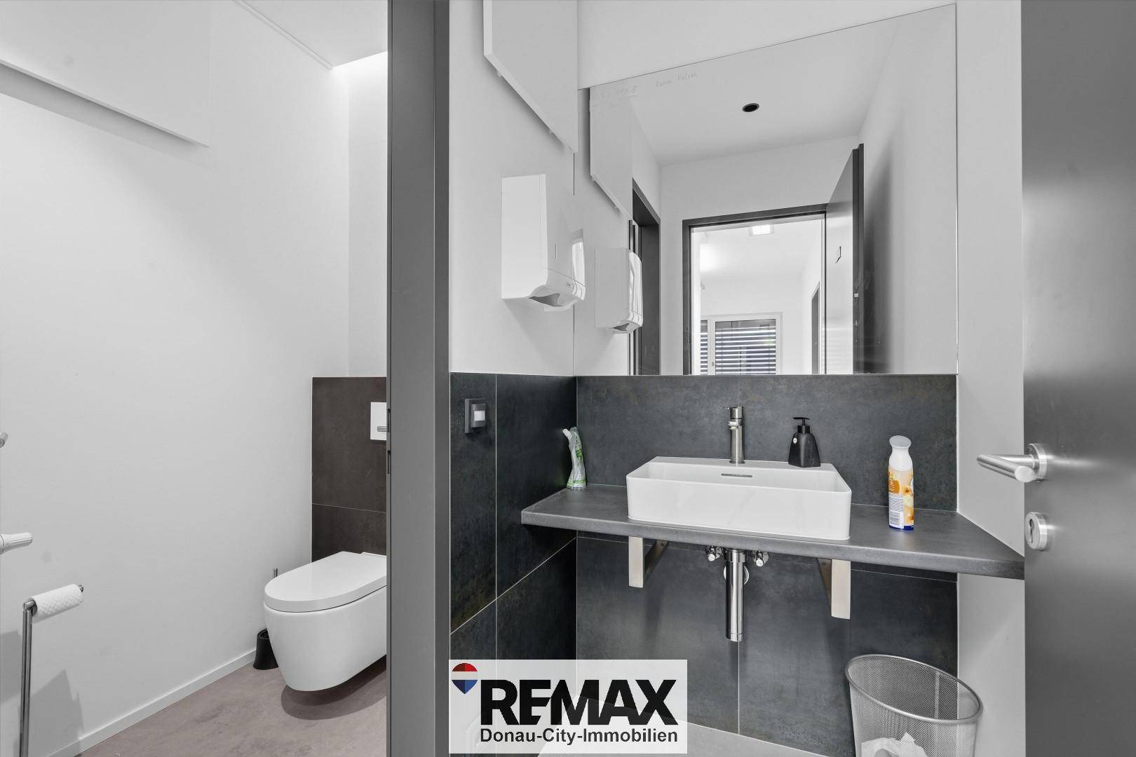 Modernes Badezimmer mit Wand-WC, Waschbecken und dunklen Fliesen an der Wand.