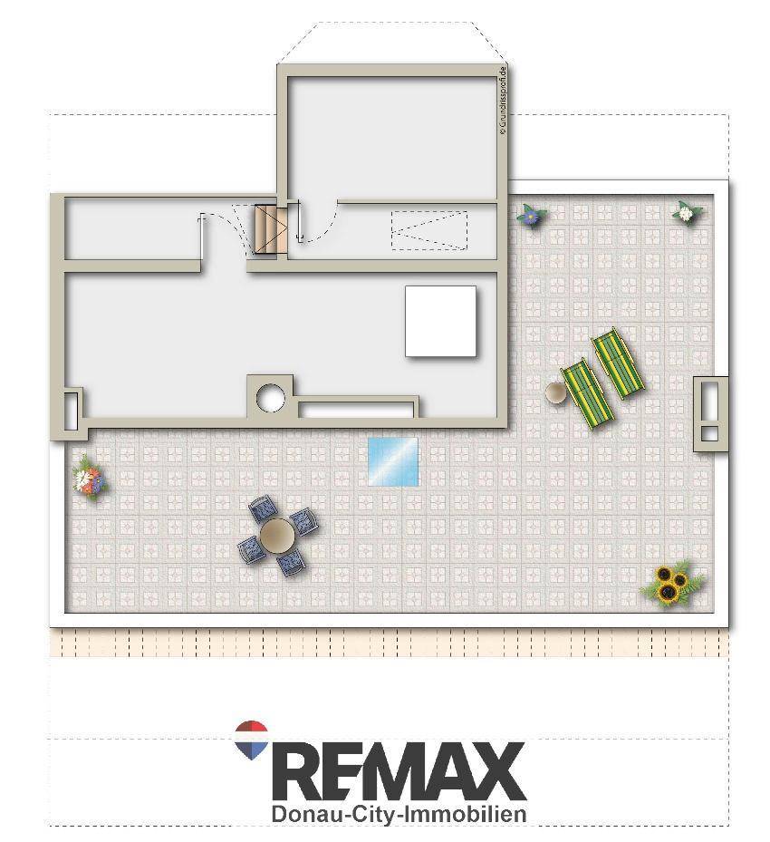 Grundriss einer Dachterrasse mit Sitzgelegenheiten und einem kleinen Abstellraum.