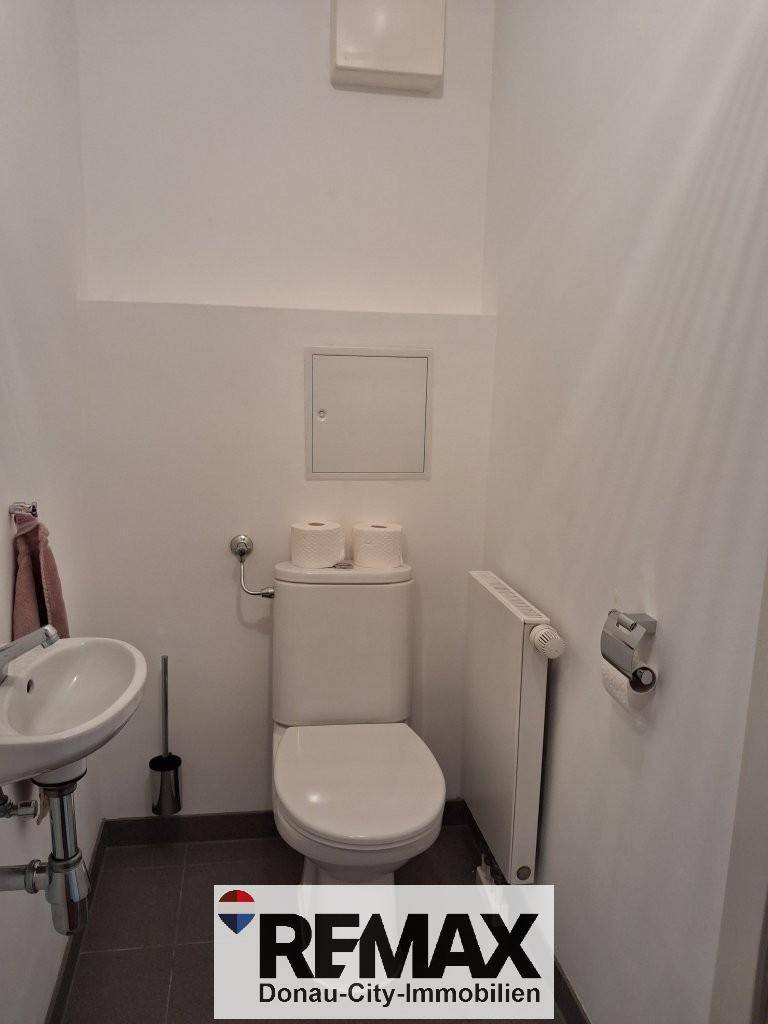 Kleines Gäste-WC mit Toilette, Handwaschbecken und Heizkörper, funktional und hell.