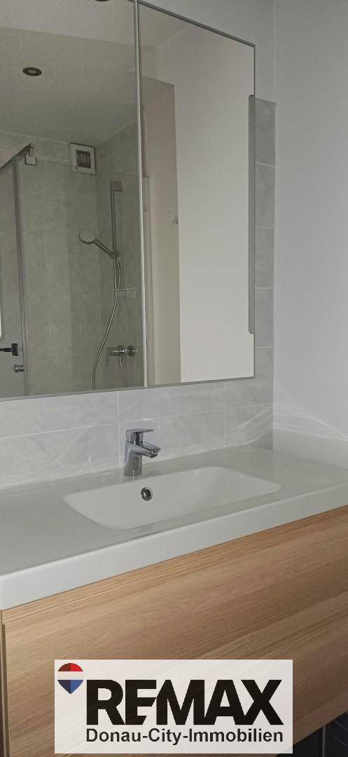 Modernes Badezimmer mit Einzelwaschbecken, großem Spiegel und begehbarer Dusche im Hintergrund.