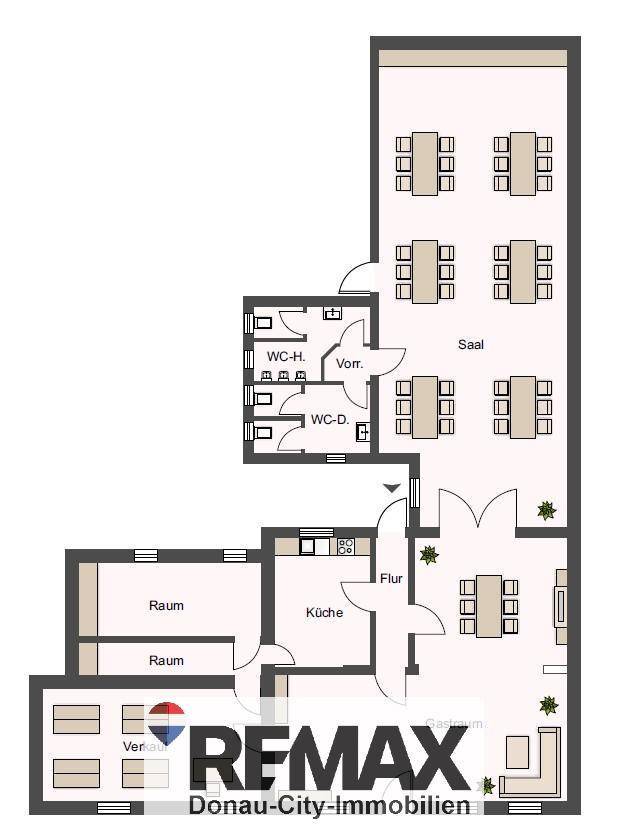 Grundrissplan zeigt einen großen Saal, Küche, Toiletten und weitere Räume.