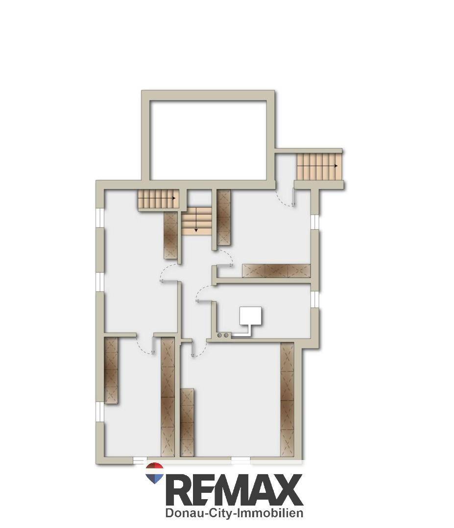 Grundriss des Erdgeschosses mit Treppenhaus und verschiedenen Räumen.