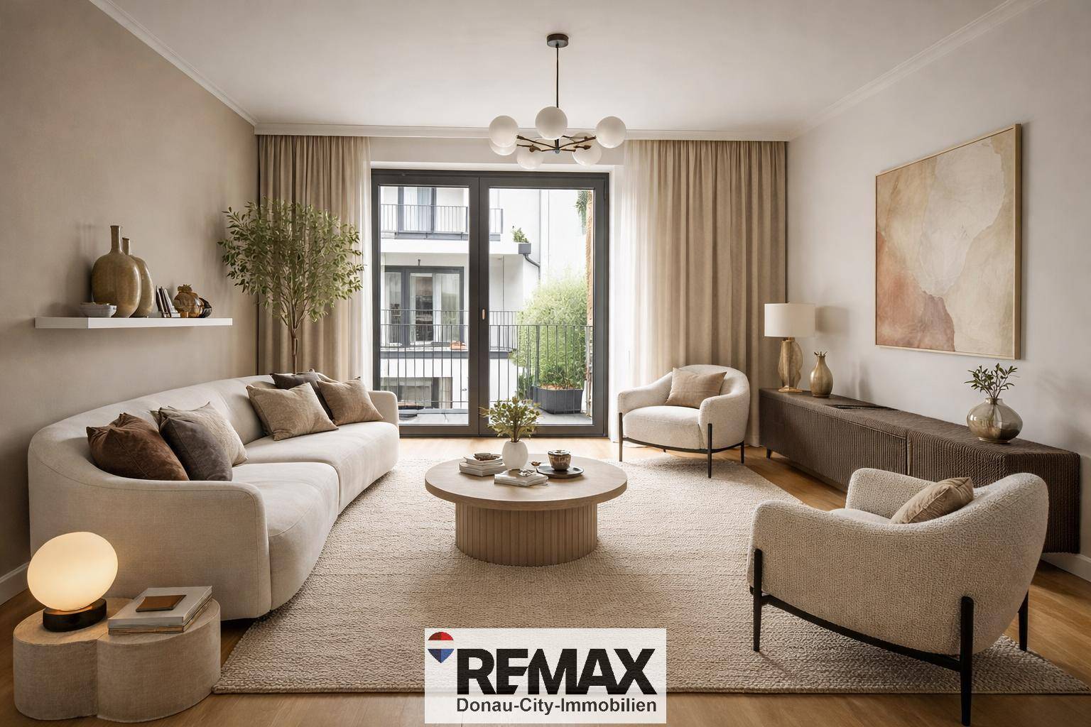Elegantes Wohnzimmer mit beiger Couch, Holzboden und Zugang zu einem französischen Balkon.