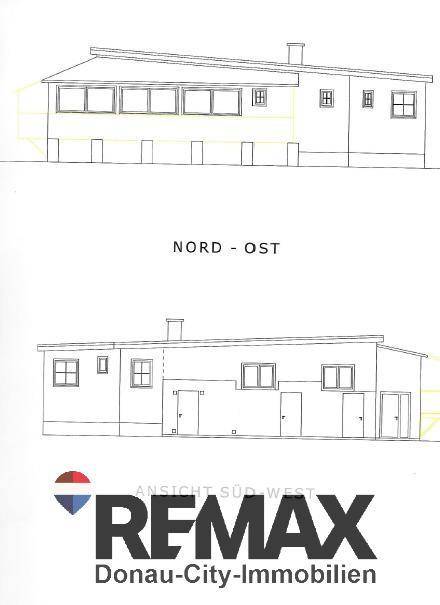 Architektonische Ansichten des Gebäudes von Nord-Ost und Süd-West mit Fenster- und Türdetails.
