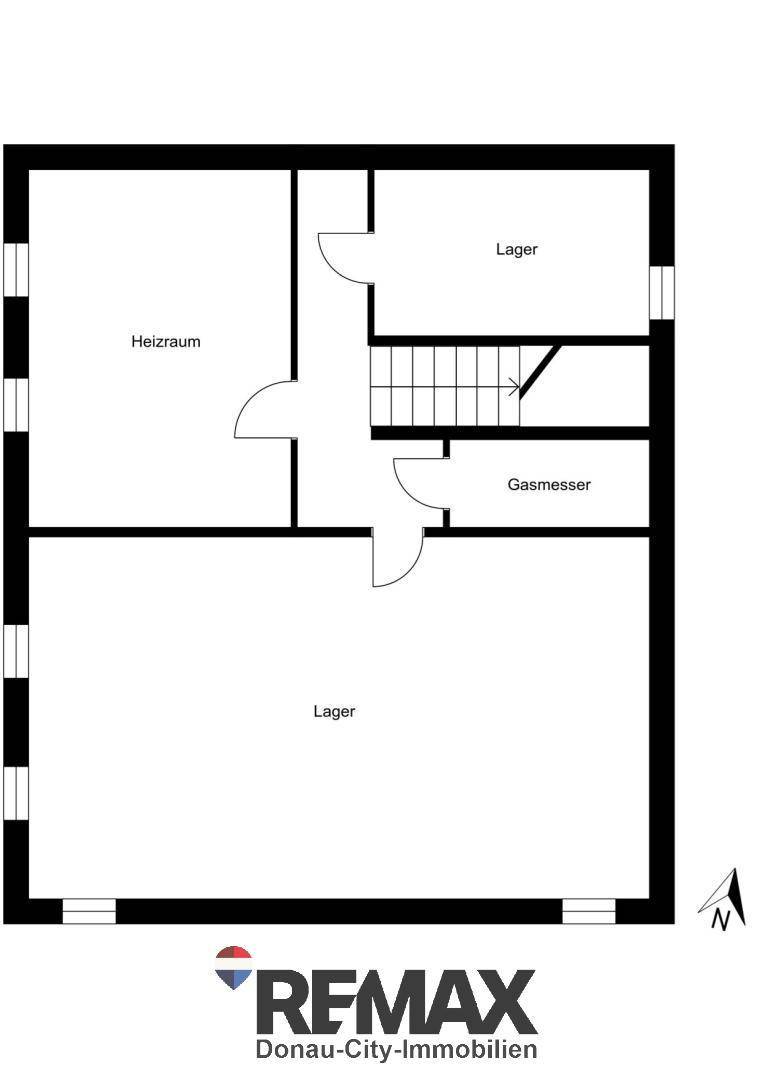Grundriss des Kellergeschosses mit Heizraum und Lagerräumen.