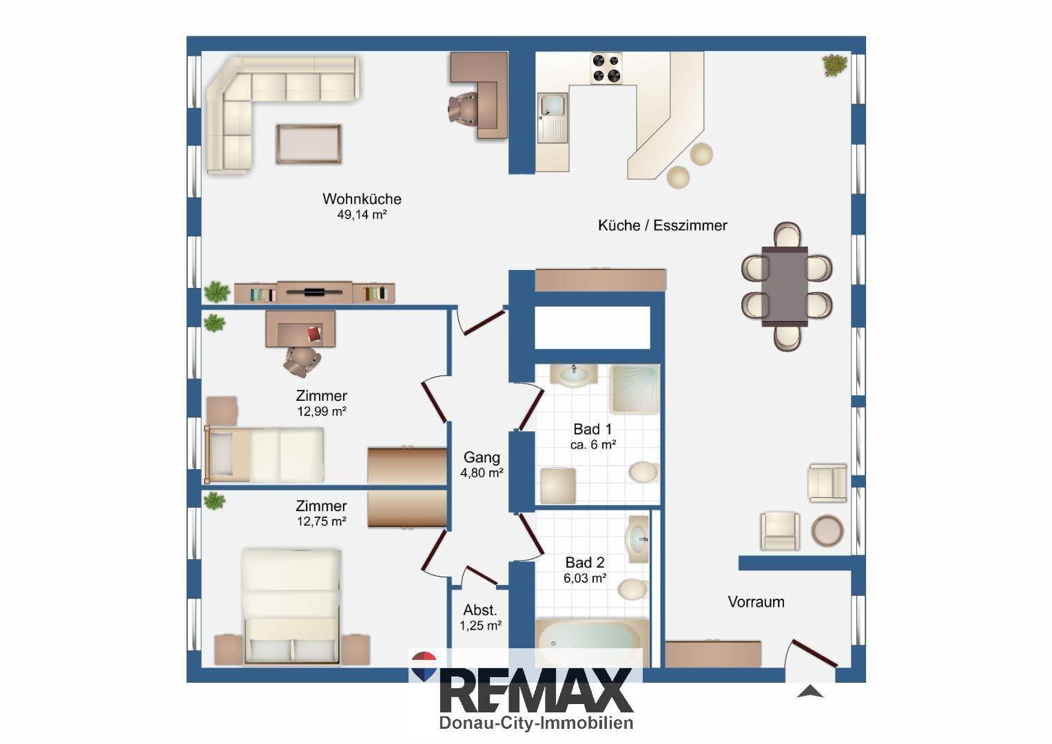 Detaillierter Grundriss der Wohnung mit Wohnküche, zwei Bädern und drei Zimmern.