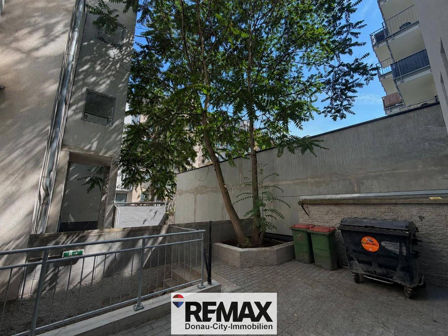 Außenbereich mit Baum, Betonwänden, Mülltonnen und einer Rampe für den Zugang.
