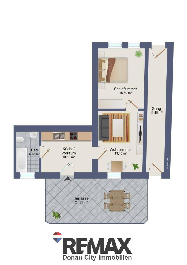 Grundriss einer Wohnung mit Schlafzimmer, Wohnzimmer, Küche und großer Terrasse.