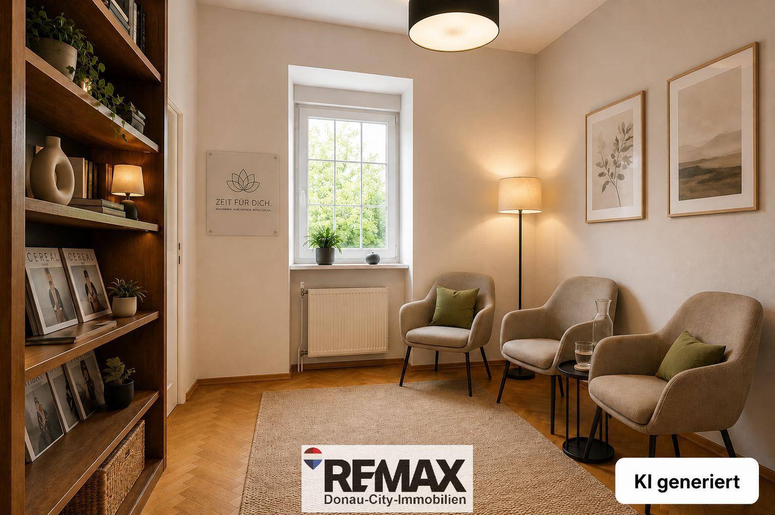 Gemütliches Arbeitszimmer mit Bücherregal, Sesseln und Fenster, ideal zum Entspannen.