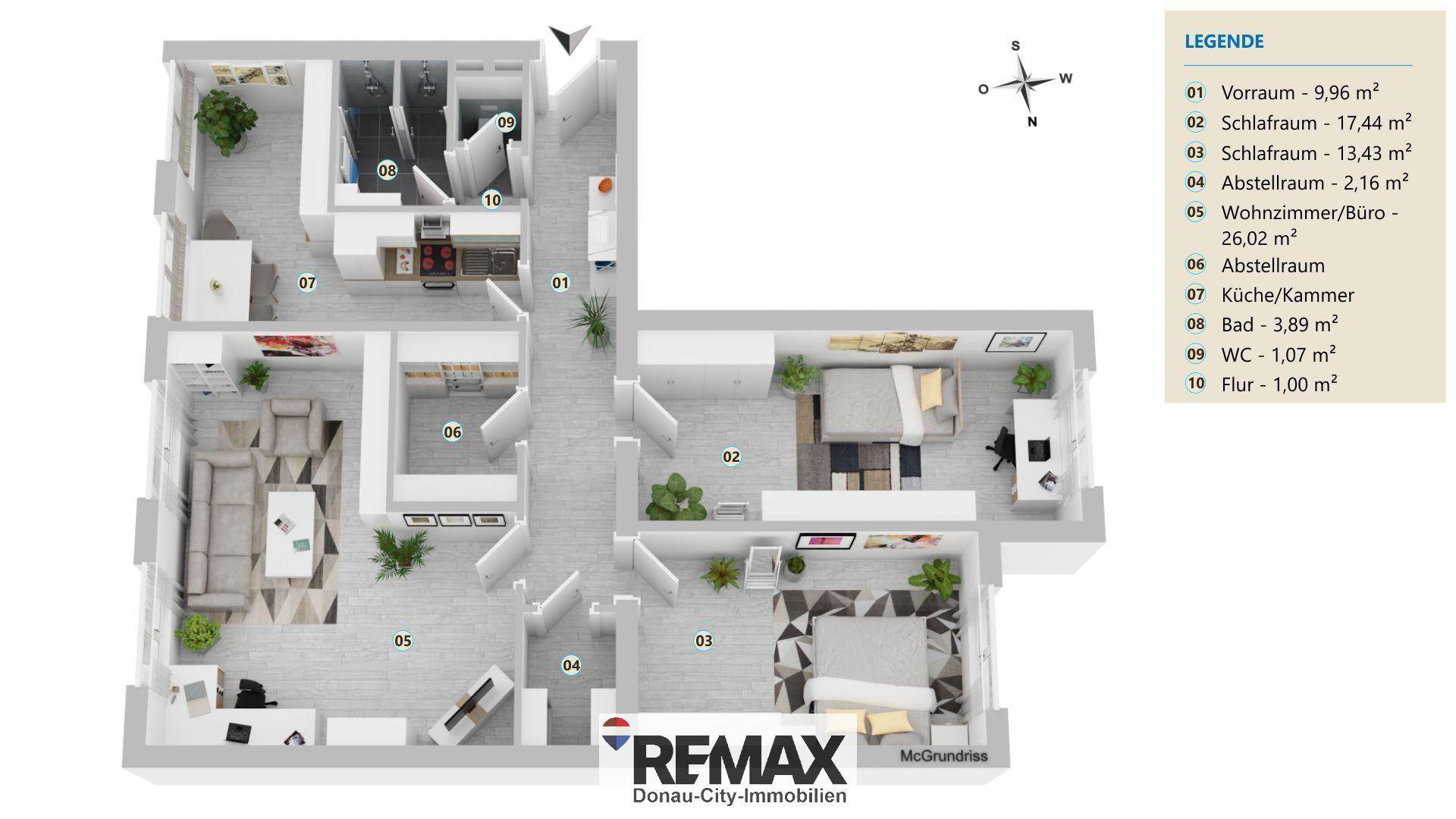 Detaillierter Grundriss einer Wohnung mit offenem Wohnbereich, zwei Schlafzimmern und zwei Bädern.