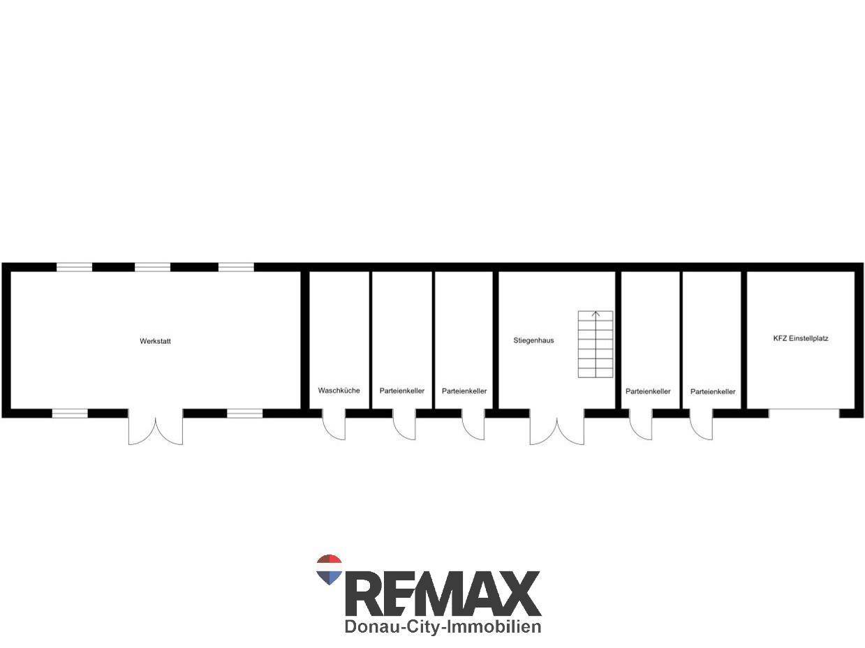 Grundriss des Nebengebäudes mit Werkstatt, Waschküche, Kellerräumen und Parkplatz.