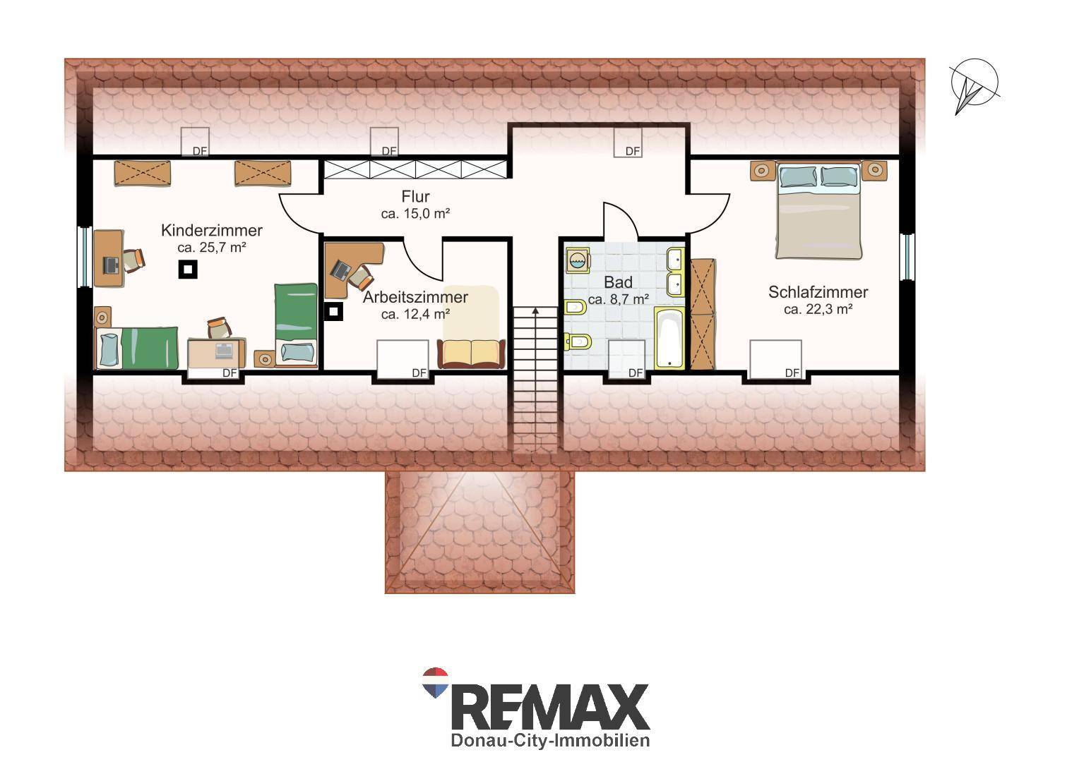 Grundriss des Obergeschosses mit Kinderzimmer, Arbeitszimmer, Bad und Schlafzimmer.
