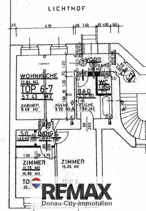 Grundriss einer Wohnung mit Wohnküche, Bad, WC und zwei Zimmern.