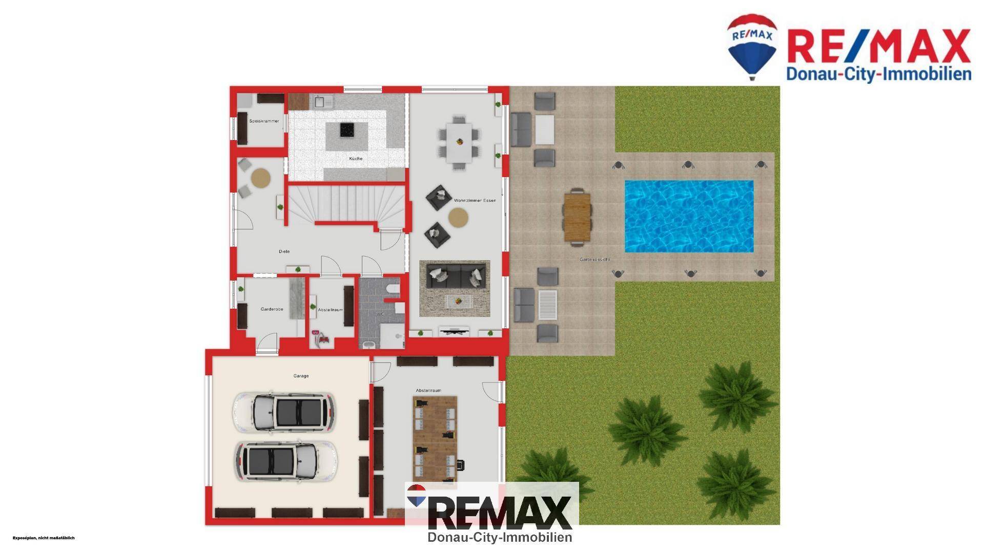 Grundriss des Erdgeschosses mit offenem Wohnbereich, Garage, Pool und Garten.