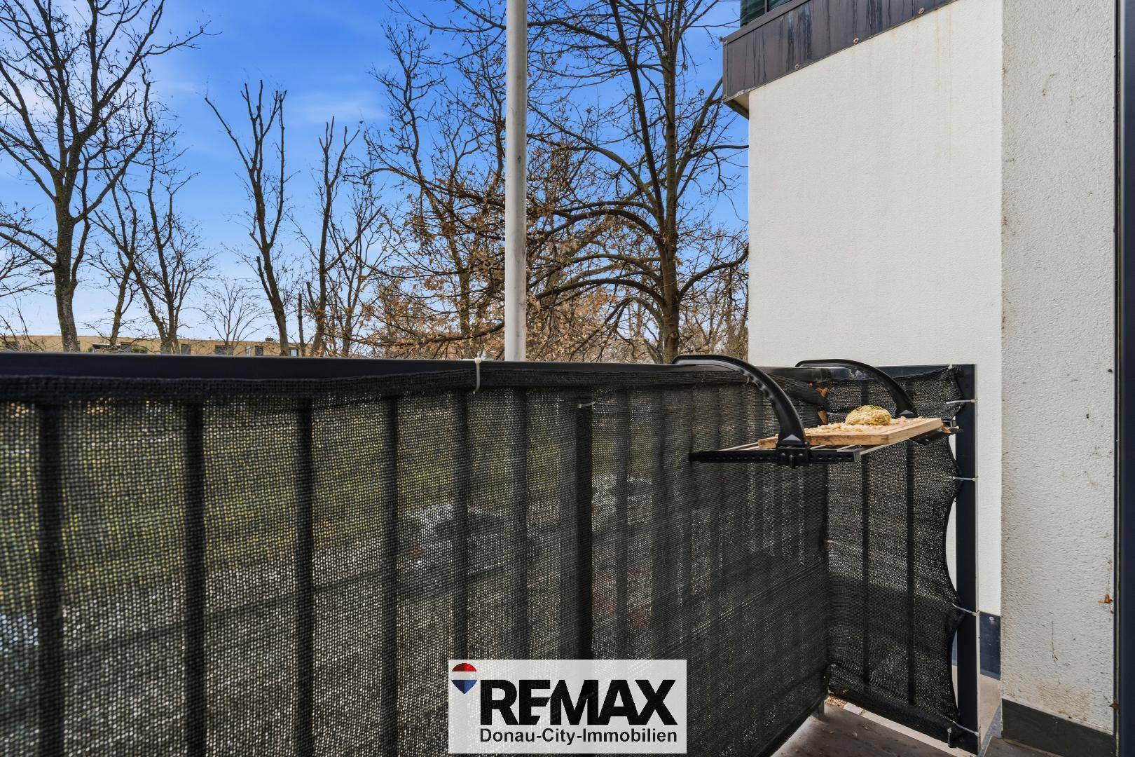 Balkon mit Sichtschutz und Blick auf Bäume.