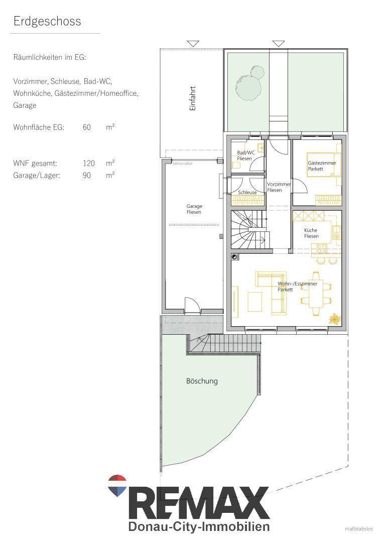 Grundriss des Erdgeschosses mit offenem Wohn-Essbereich, Küche, Gästezimmer und Garage.