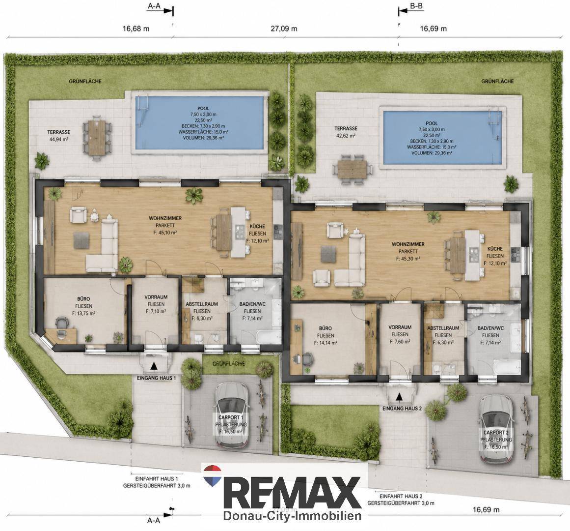 Grundriss des Erdgeschosses mit offenem Wohnbereich, Küche, Terrasse, Pool und Carport.