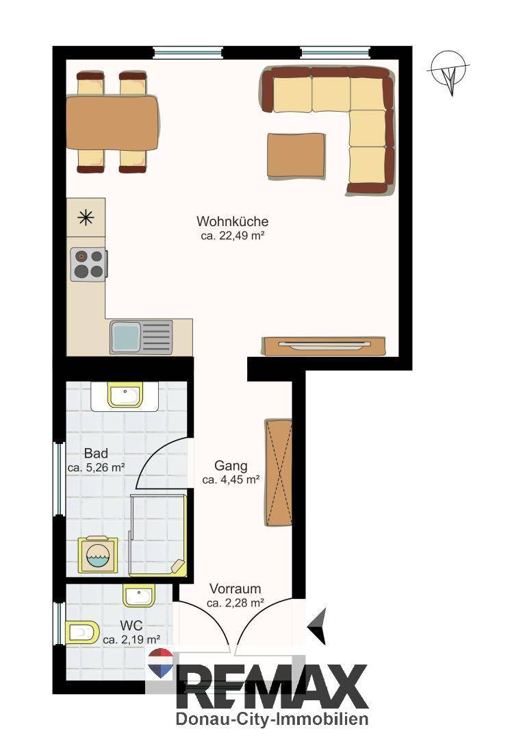 Grundrissplan einer Wohnung mit Wohnküche, Bad und separatem WC.