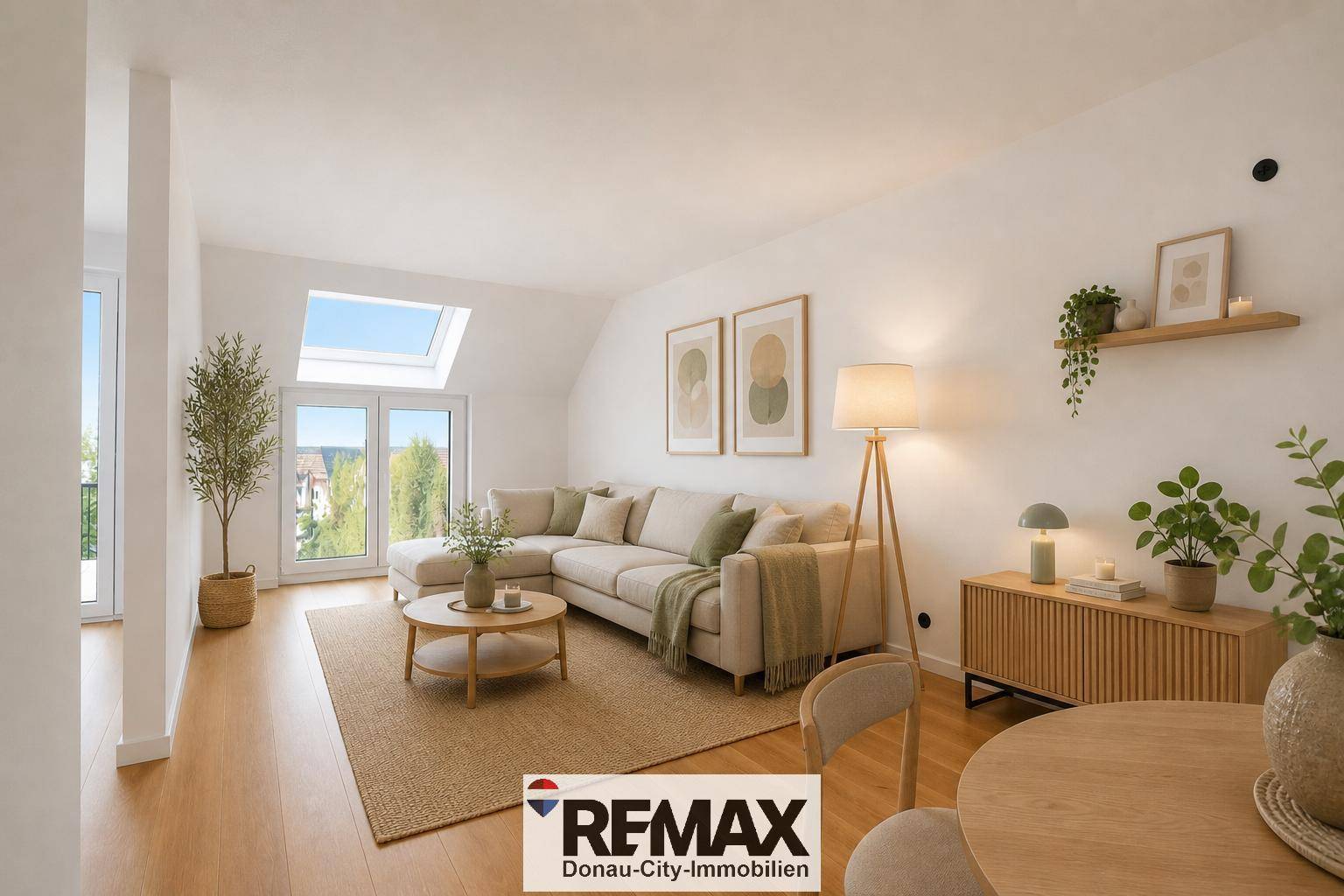 Heller Wohn-Essbereich mit beigem Ecksofa, Holzboden und viel Tageslicht durch große Fenster und Dachfenster.