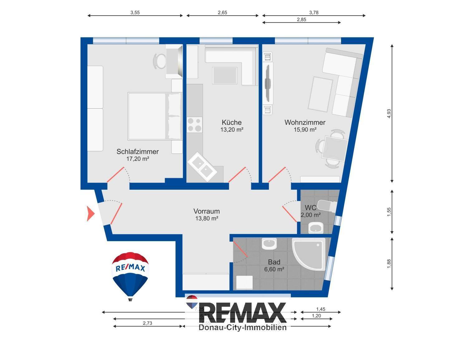 Grundriss der Wohnung mit Schlafzimmer, Küche, Wohnzimmer, Bad und WC.