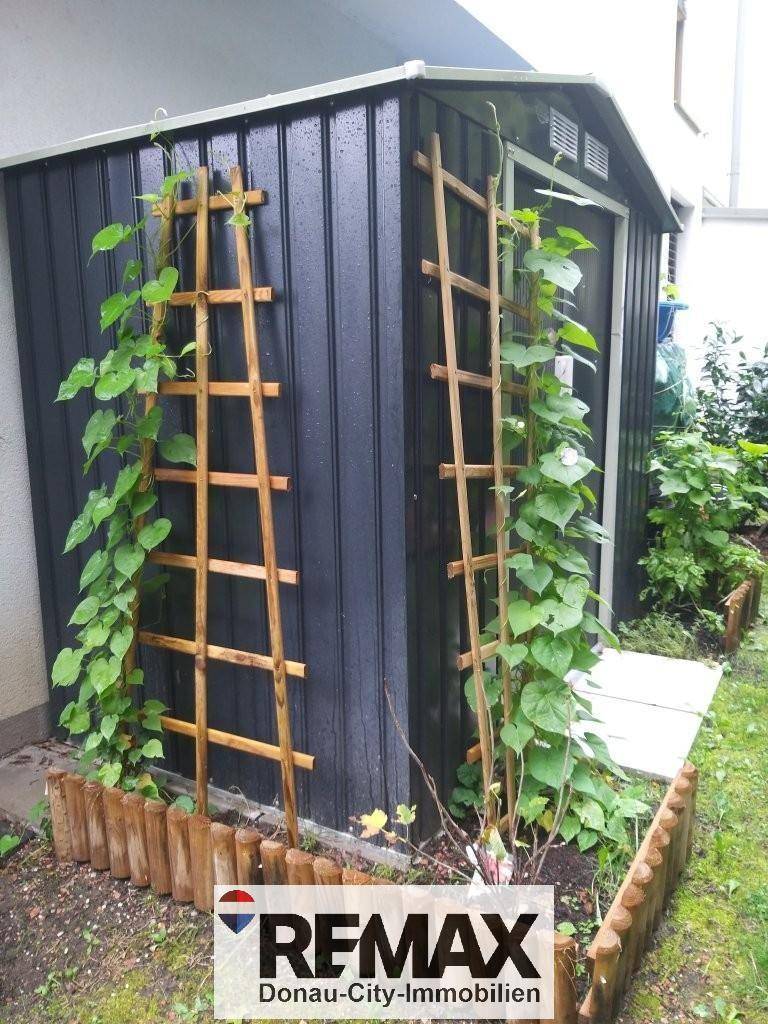 Praktischer Gartenschuppen mit Rankhilfen für Kletterpflanzen im grünen Garten.