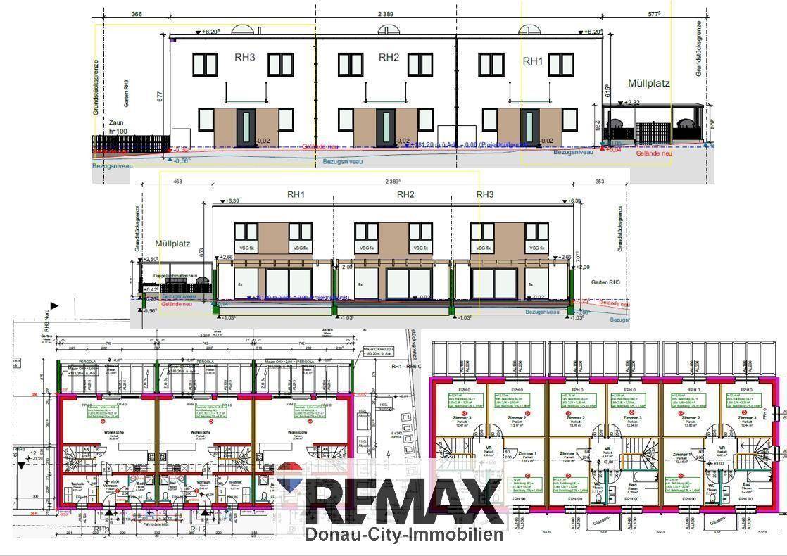Detaillierte Baupläne und Grundrisse von Reihenhäusern mit verschiedenen Ansichten und REMAX-Logo.