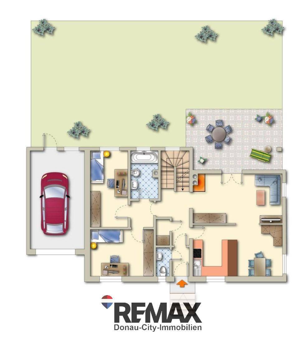 Detaillierter Grundriss des Erdgeschosses mit Garage, Garten, Terrasse und offenem Wohnbereich.