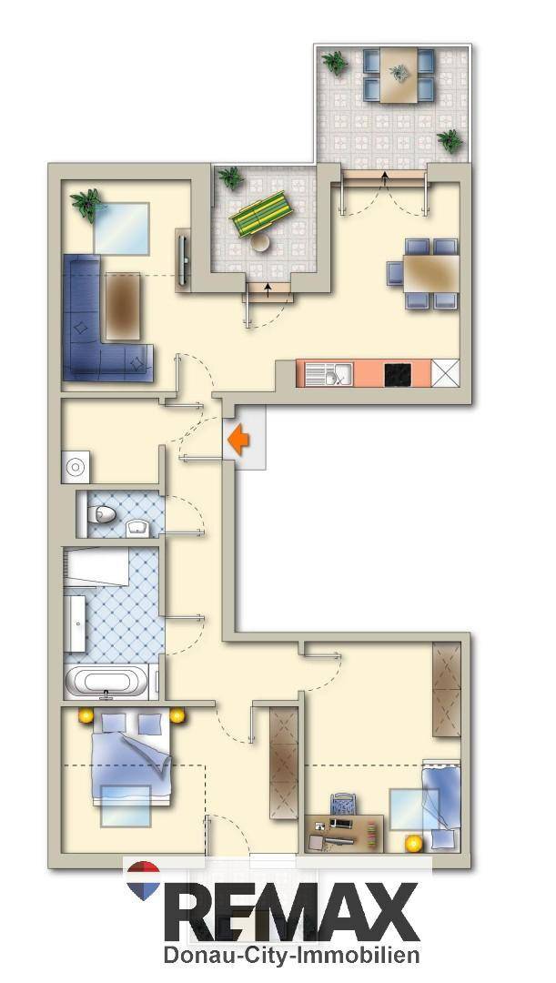 Detaillierter Grundriss einer Wohnung mit mehreren Zimmern, Balkon und Terrasse.