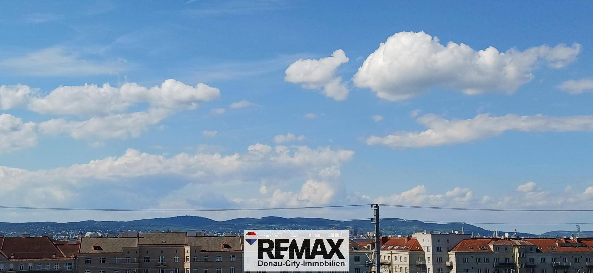 Panoramablick über die Dächer der Stadt mit einer Bergkette am Horizont.