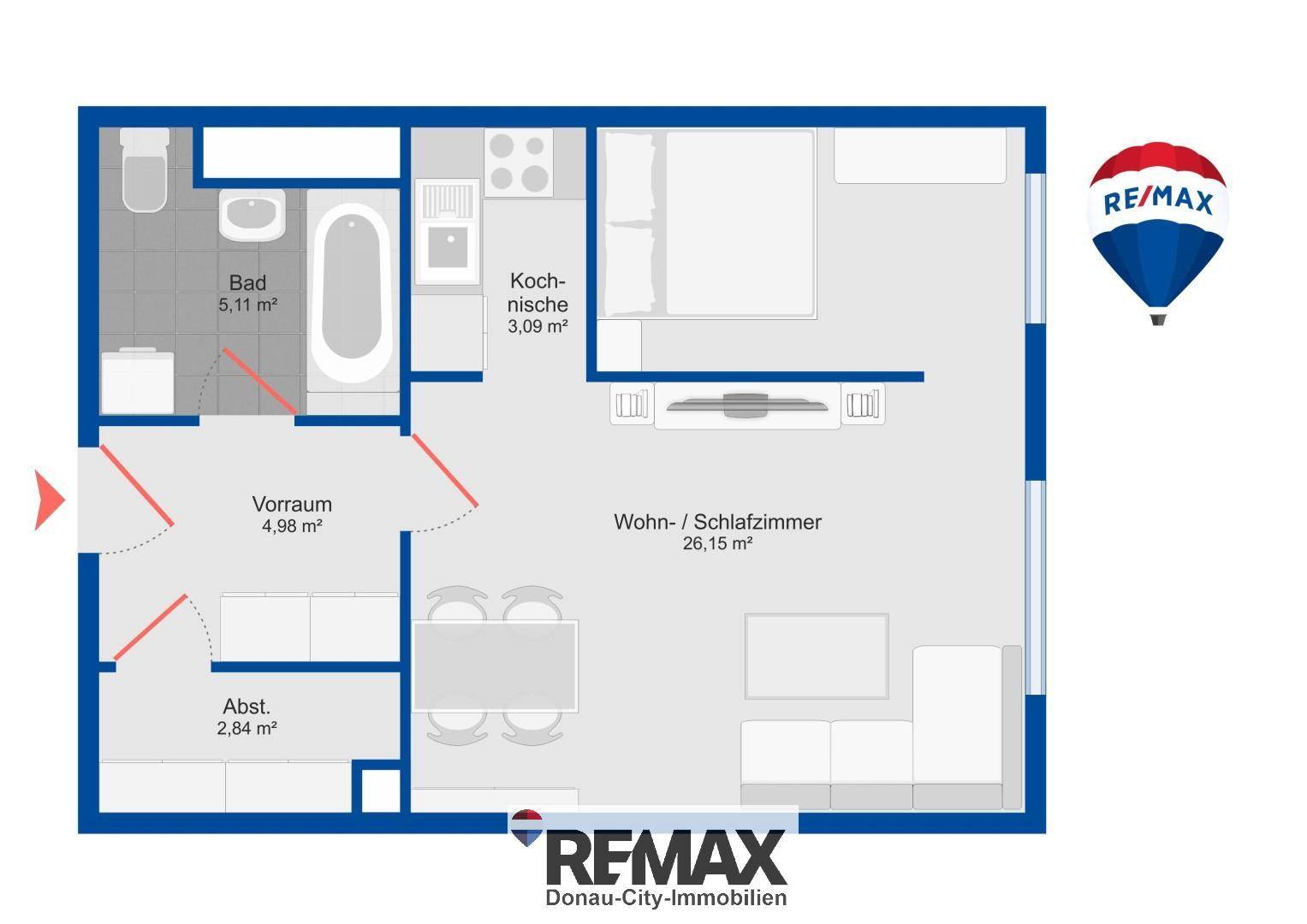 Grundriss einer Wohnung mit Bad, Kochnische, Vorraum und einem kombinierten Wohn-/Schlafzimmer.