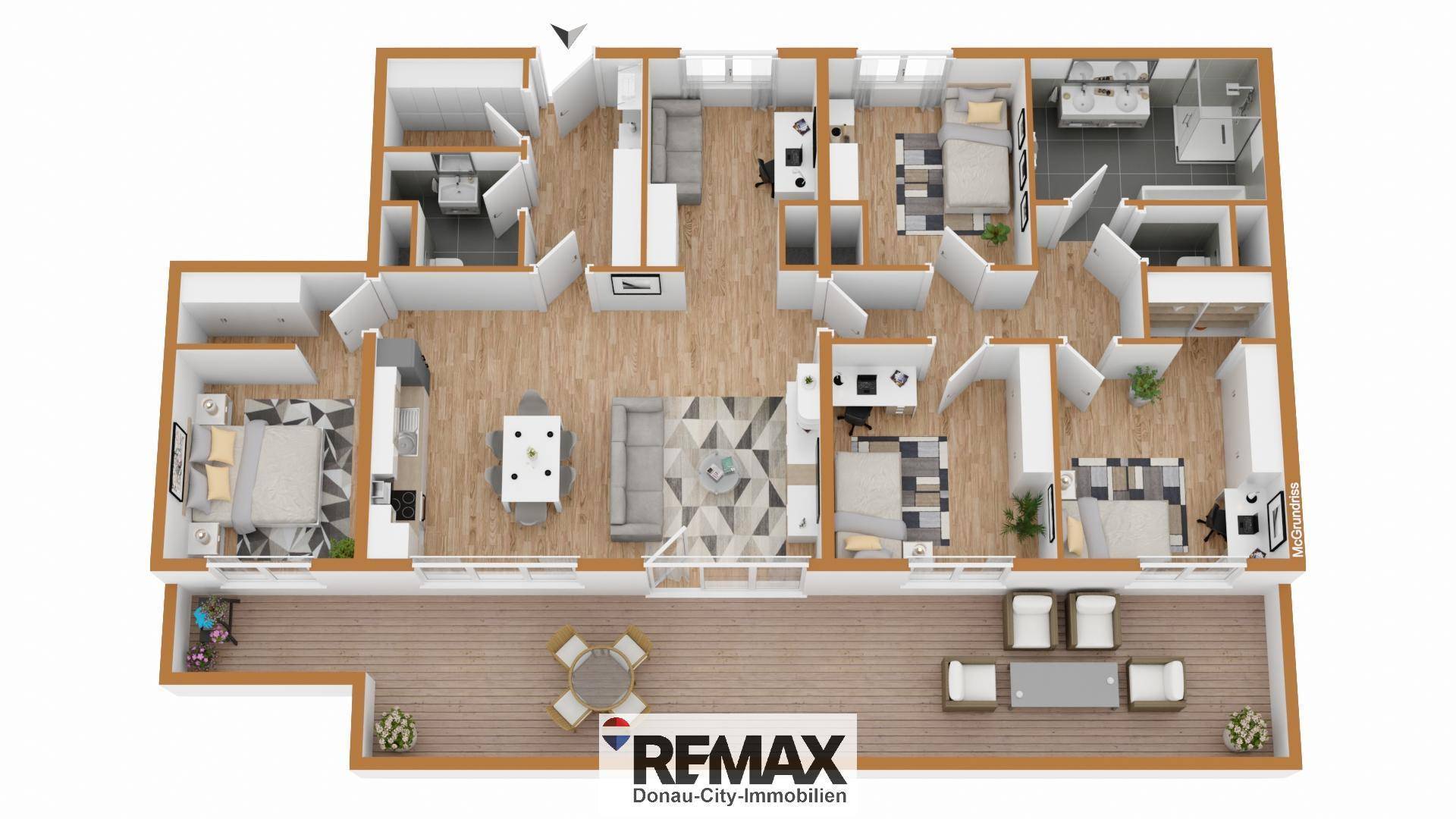 Detaillierter Grundriss einer Wohnung mit mehreren Zimmern und großer Terrasse.