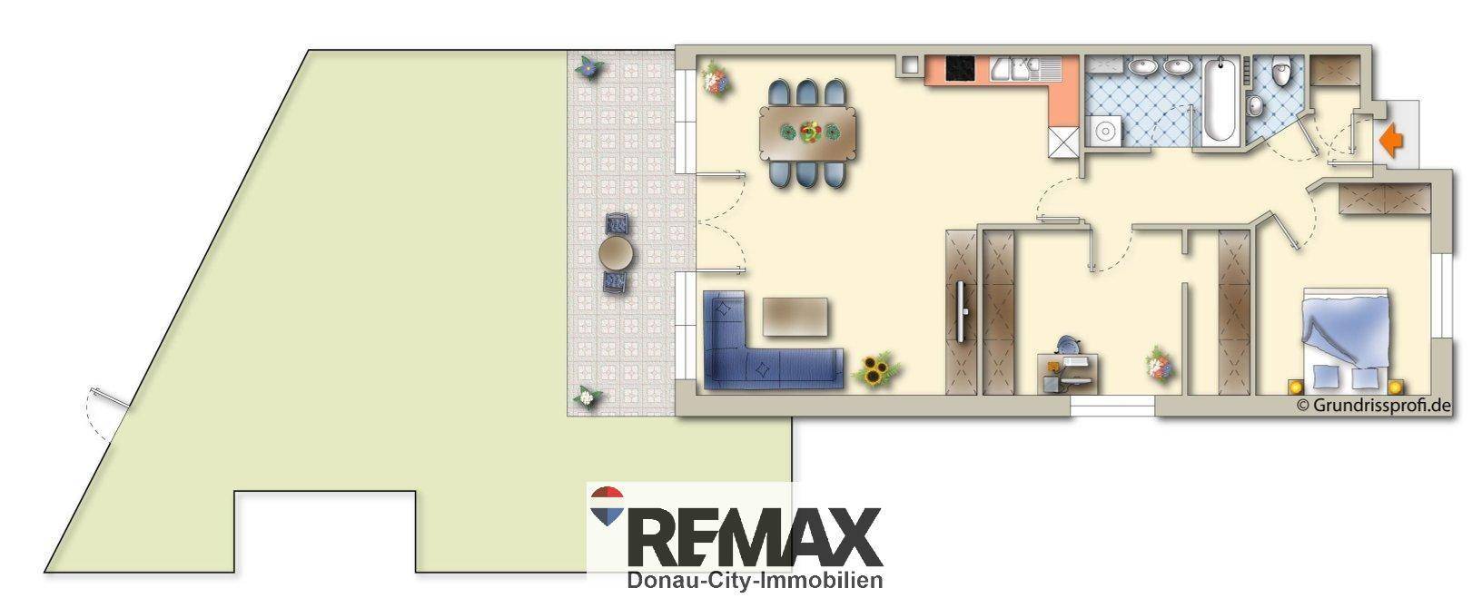 Detaillierter Grundriss der Wohnung mit Terrasse, Garten und offener Raumaufteilung.